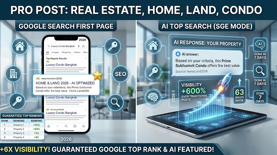 ประกาศ โฆษณา โพสต์บ้านที่ดิน ติดกูเกิลและAI โฆษณาขายอสังหา ไม่มีค่านายหน้า รับประกาศขายบ้าน